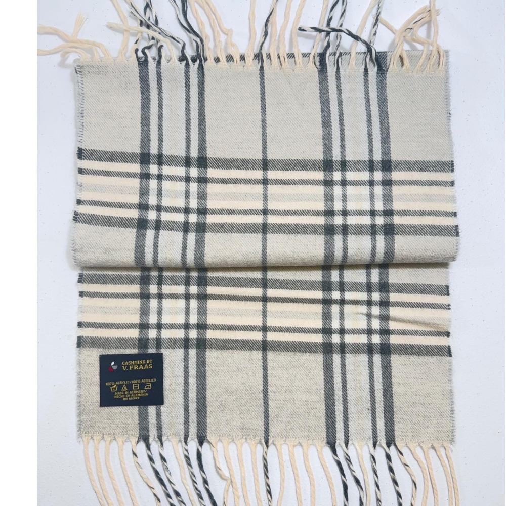 V Fraas Cashmink Plaid Scarf Beige Black White Fringe Made in Germany